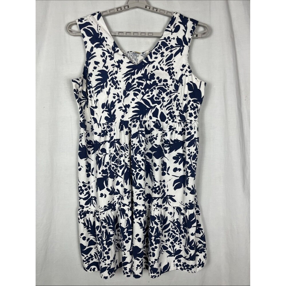 T Tahari Blue and White Floral Linen Blend Sleeveless Midi Dress